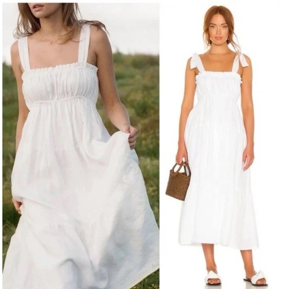 FAITHFULL THE BRAND DRESS GIA SMOCK BELLAMY MIDI BOW TIE GAIYA WHITE SMALL 4